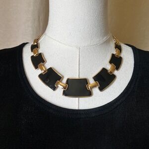 Vintage Black Enamel Gold Statement Necklace Chunky Collar 14-19"